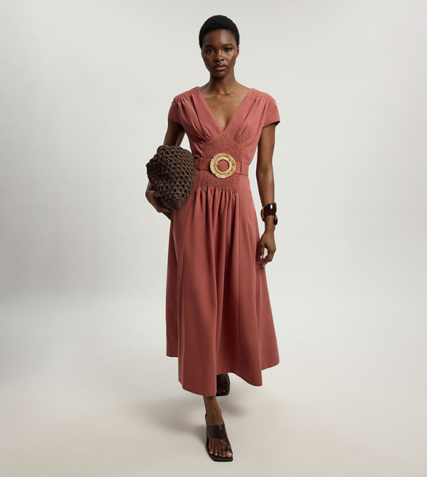 Petite Shirred V-Neck Belt Detail Woven Maxi Dress