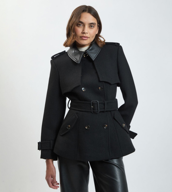 Wool & Faux Leather Detail Short Pea Coat