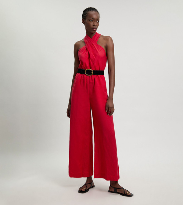 Viscose Linen Belted Halterneck Woven Jumpsuit