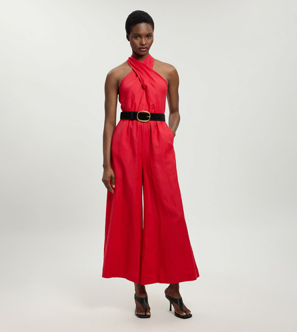 Petite Halterneck Viscose Linen Belted Woven Jumpsuit