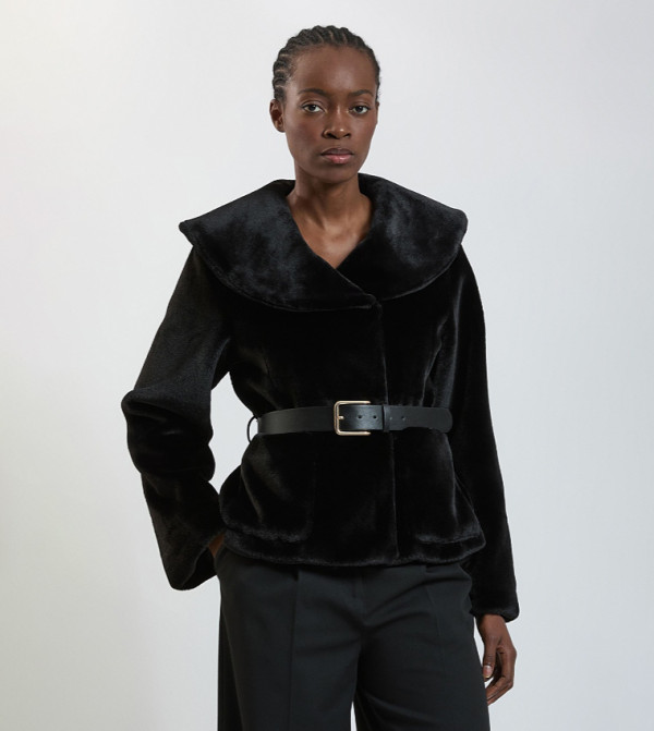 Faux Fur Oversized Collared Belted Short Coat