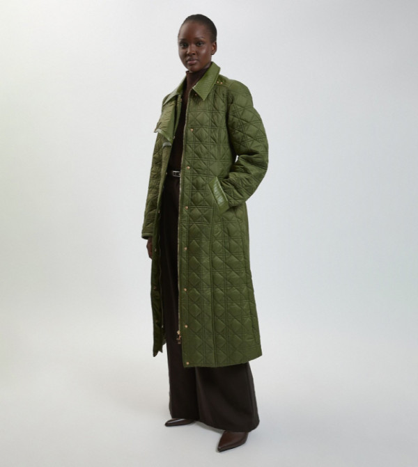 Quilted & PU Mix Belted Padded Coat