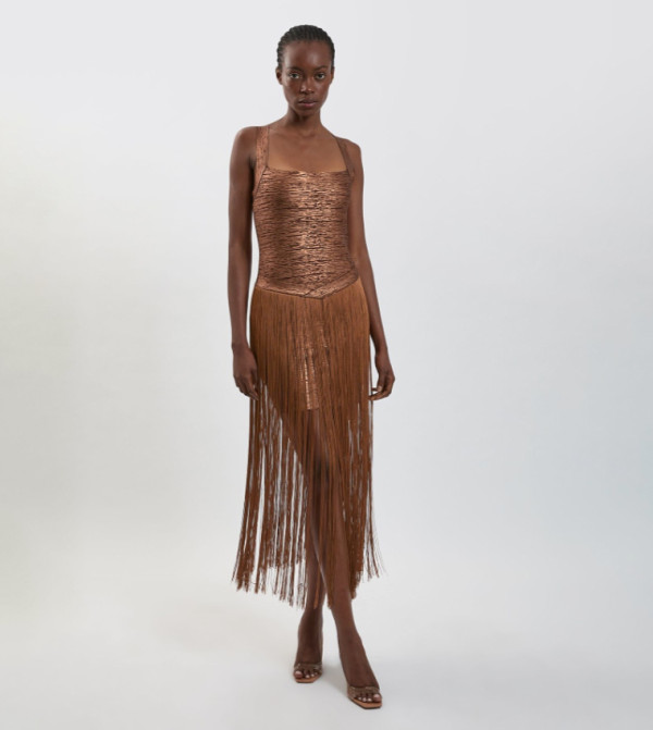 Foil Metallic Figure Form Bandage Fringed Knit Midi Dress