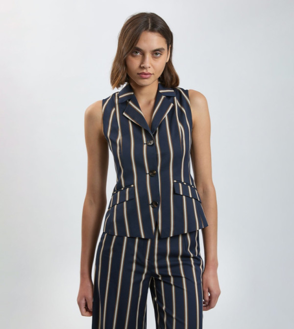 Striped Single Breasted Sleeveless Jacket