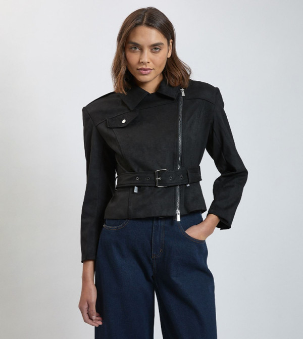 Faux Leather Collared Belted Jacket