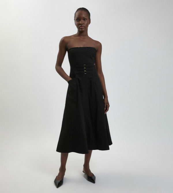 Bandeau Corset Detail Midi Denim Dress