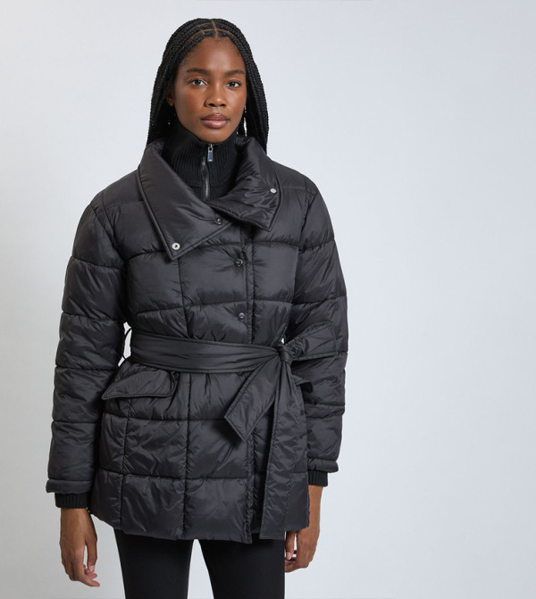 Rib Panel Detail Midi Belted Padded Coat