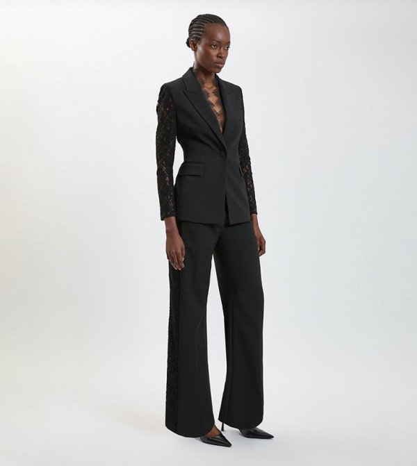 Lace Detail Tailored Stretch Wide Leg Trousers