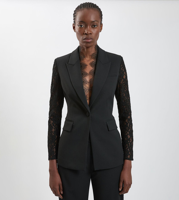 Compact Stretch Lace Mix Tailored Single Breasted Blazer