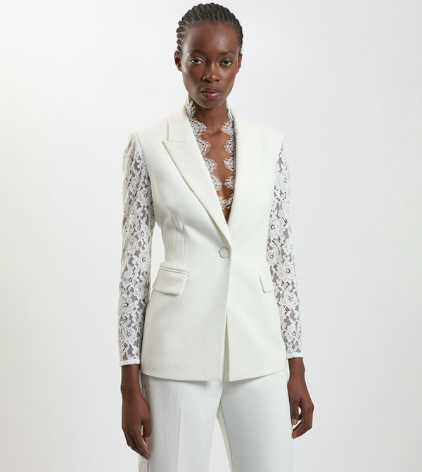 Compact Stretch Lace Mix Tailored Single Breasted Blazer