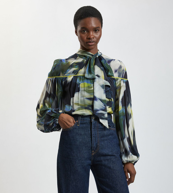 Viscose Floral Print Woven Tie Neck Top