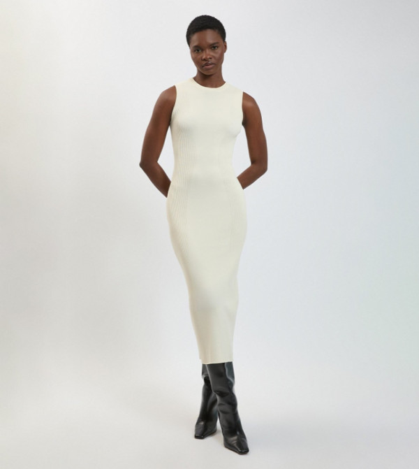 Ribbed Knitted Crew Neck Midi Dress