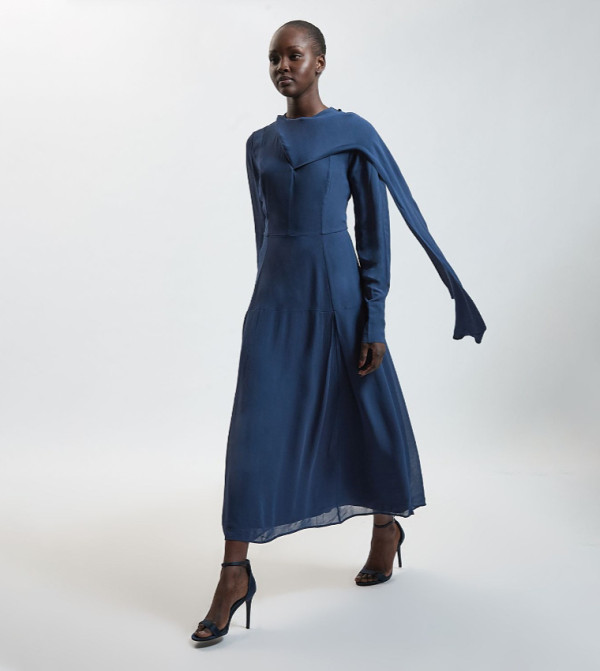 Scarf Detail Viscose Woven Midi Dress