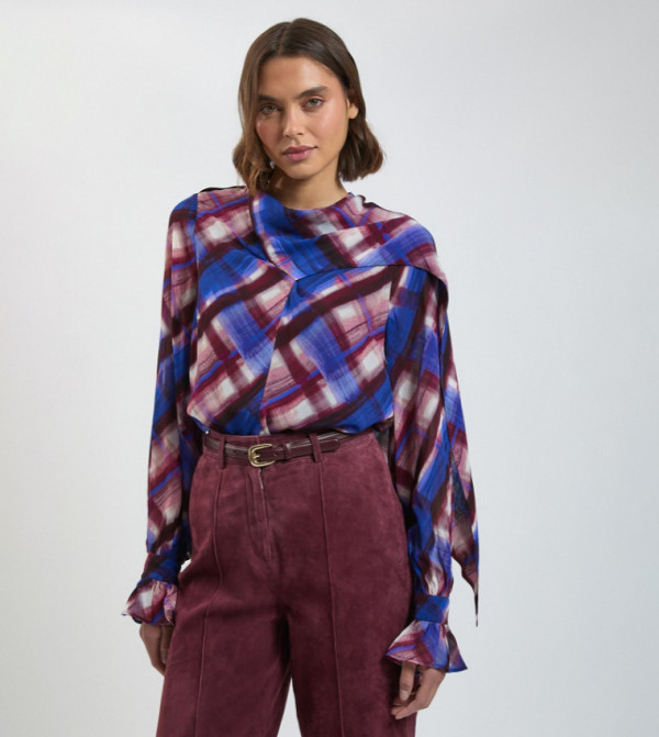 Plaid Scarf Detail Woven Viscose Top