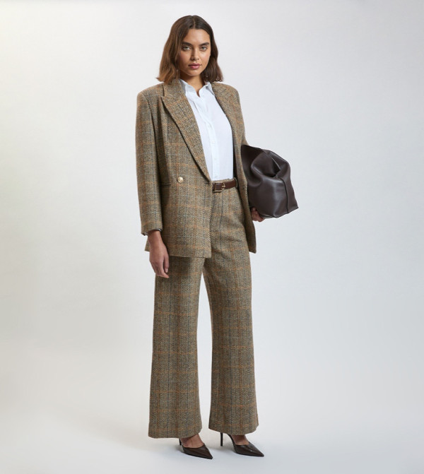 Wool Checkered Tailored Wide Leg Trousers