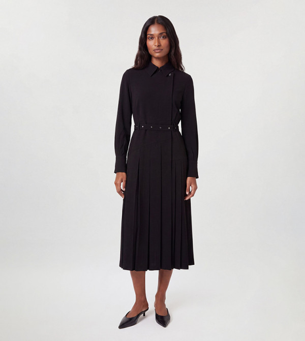 Tailored Crepe Pleated Kilted Midi Dress