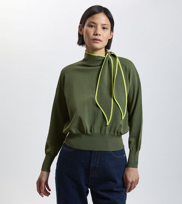 Petite Knitted Viscose High Tie-Neck Sweater