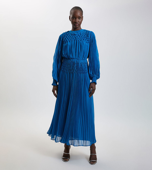 Pleated Beaded Detail Balloon Sleeves Maxi Dress