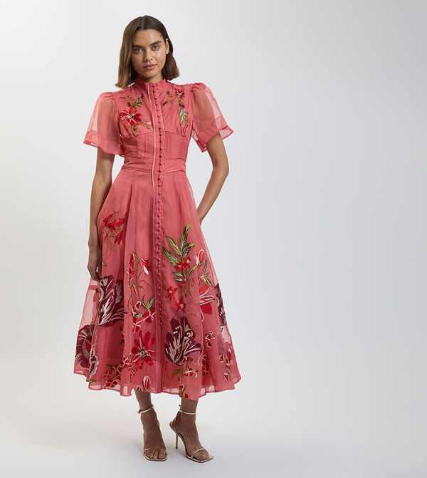 Rose Embroidered Organza Short Sleeves Midi Dress