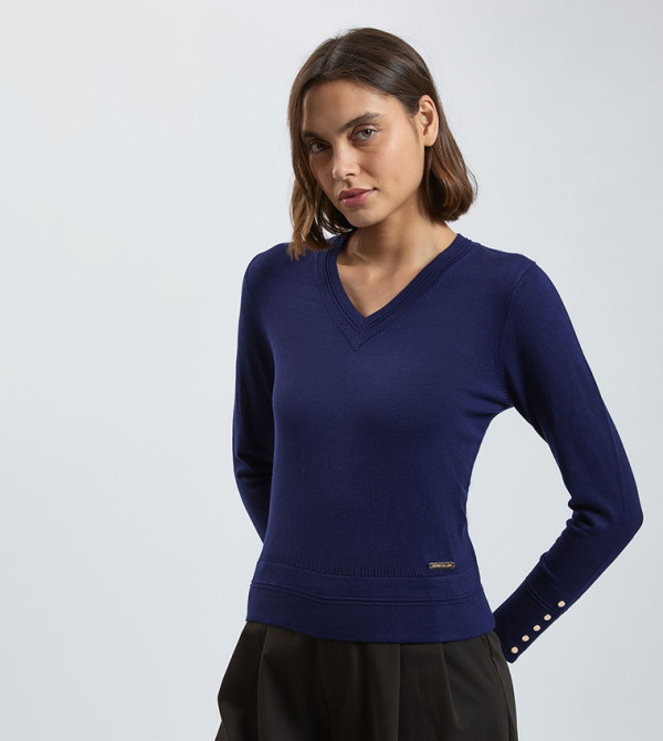 Forever Viscose Blend Knitted Stitch Detail V-Neck Sweater