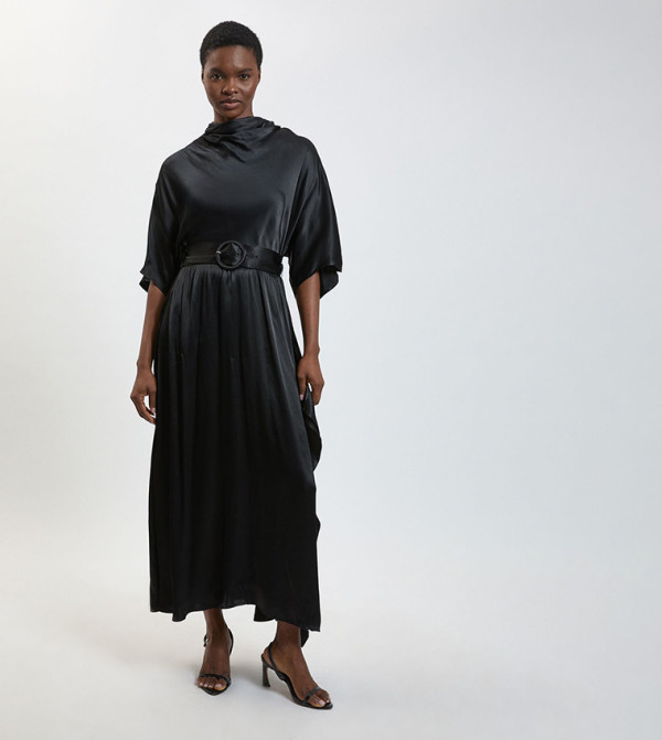 Petite Viscose Satin Asymmetric Ruffle Midi Dress