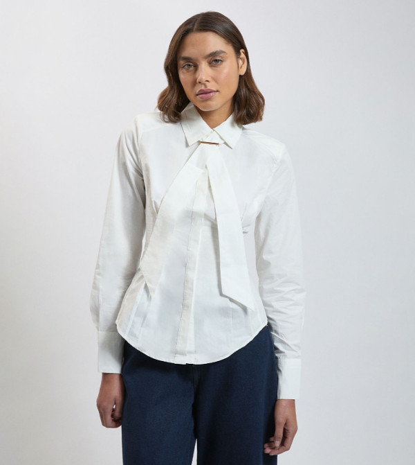 Poplin Tie Neck Trim Detail Collared Shirt