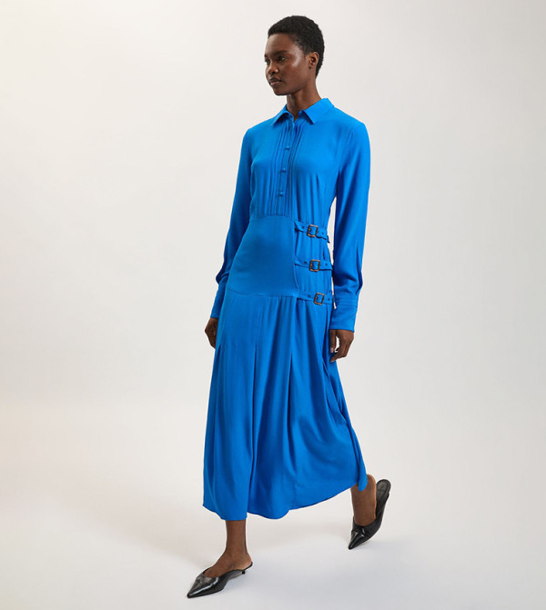 Buckle Detail Viscose Long Sleeves Shirt Dress