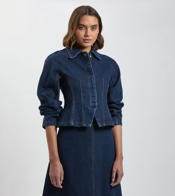 Solid Collared Shaped Denim Jacket