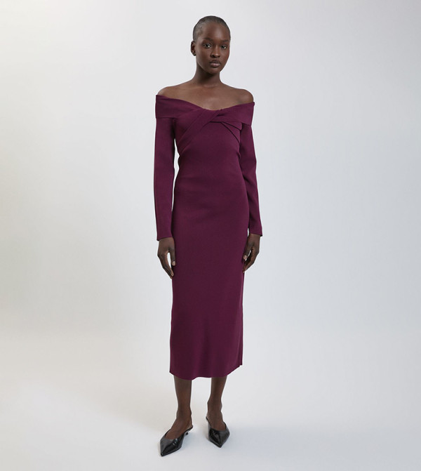 Twist Front Viscose Knitted Bardot Midi Dress