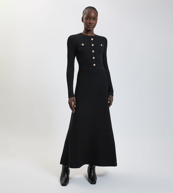 Rib Knit Military Trim Long Sleeves Maxi Dress