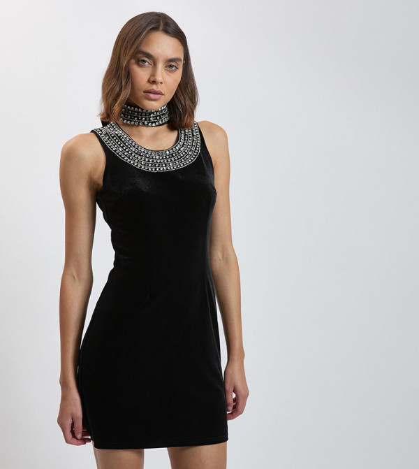 Petite Crystal Trim Velvet Mini Party Dress