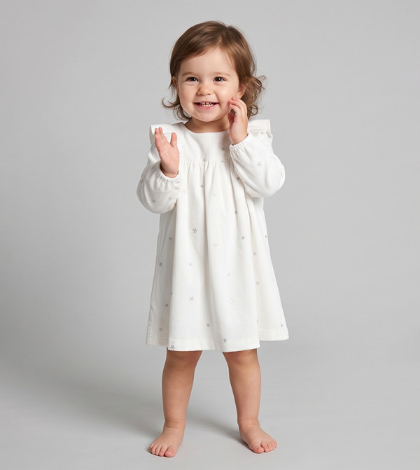 Printed Casual Dress with Crew Neck and Long Sleeves
