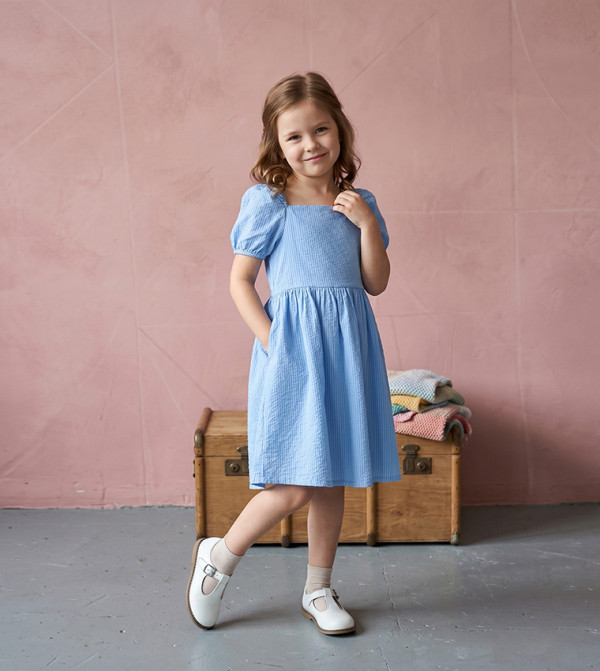 Textured Square Neck Puff Short Sleeve Casual Dress