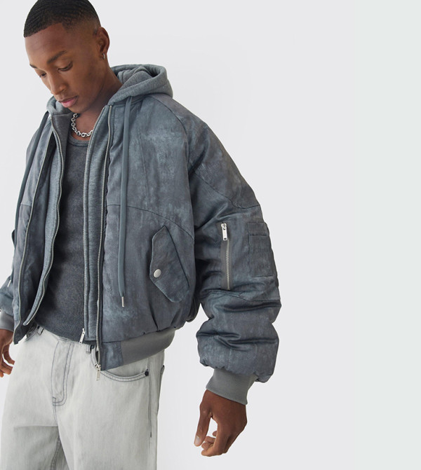 Boxy Washed Padded Hooded Bomber Jacket