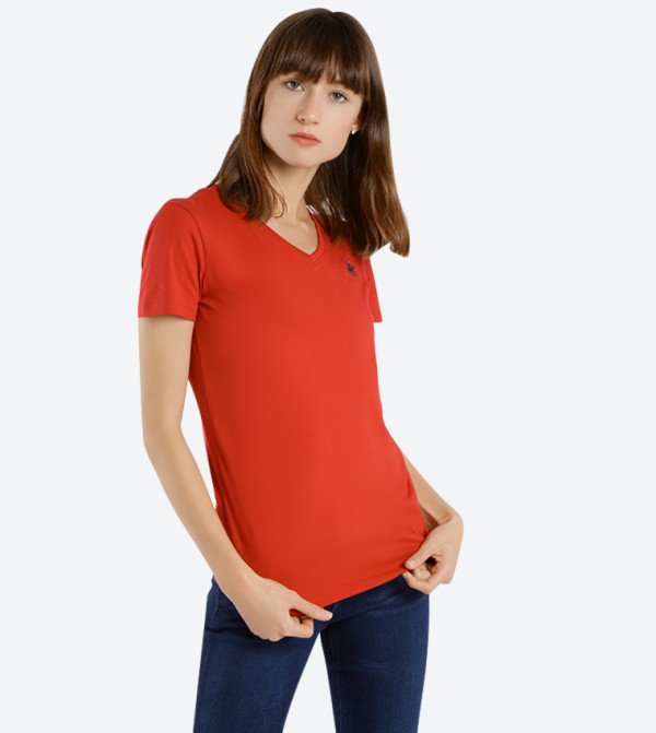 Logo Embroidered V-Neck T-Shirt - Red BP L1367