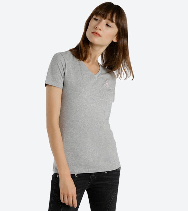 Logo Embroidered V-Neck T-Shirt - Grey BP L1367