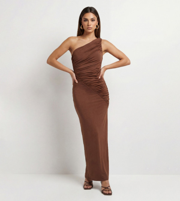 Ruched Slinky One Shoulder Maxi Dress