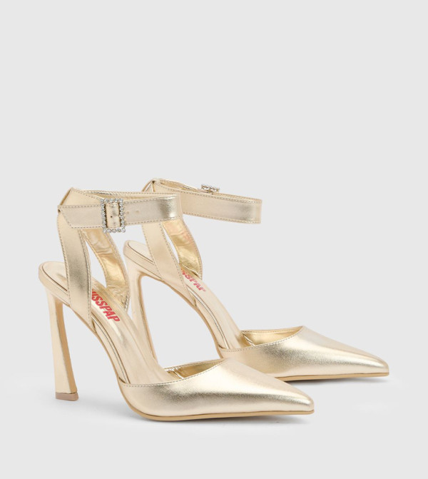 Faux Leather Embellished Buckle High Flared Stiletto Pumps