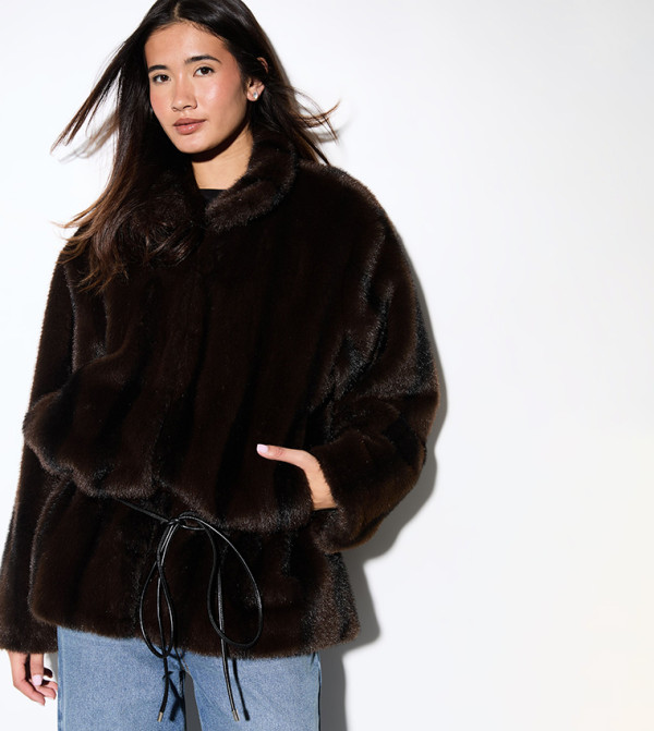 Vintage Look Tipped Fur Belted Coat