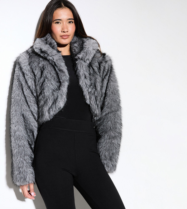 Premium Tipped Fur Funnel Neck Cropped Coat