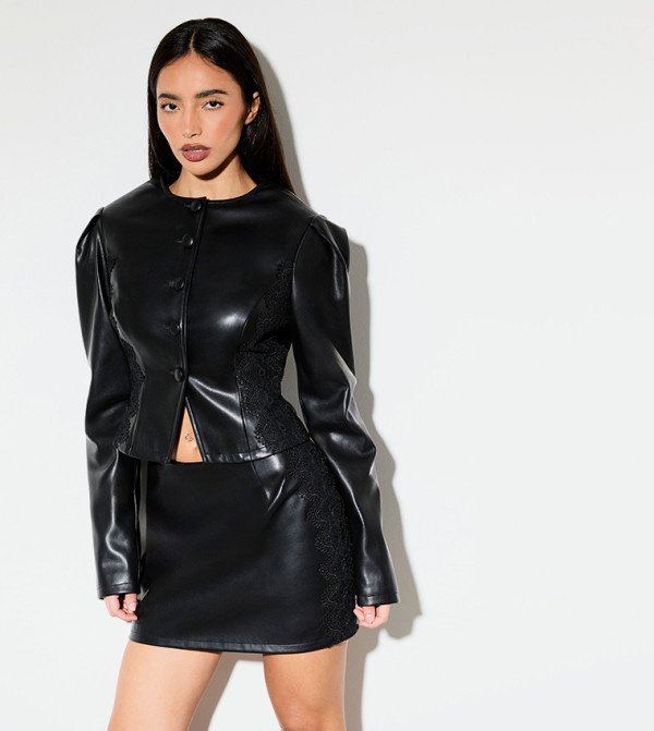 Faux Leather Floral Applique Jacket