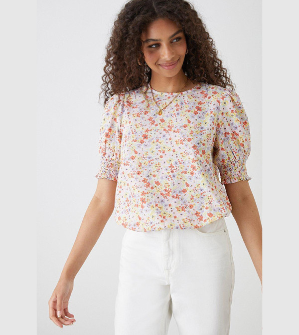 Multi Ditsy Shirred Hem Top