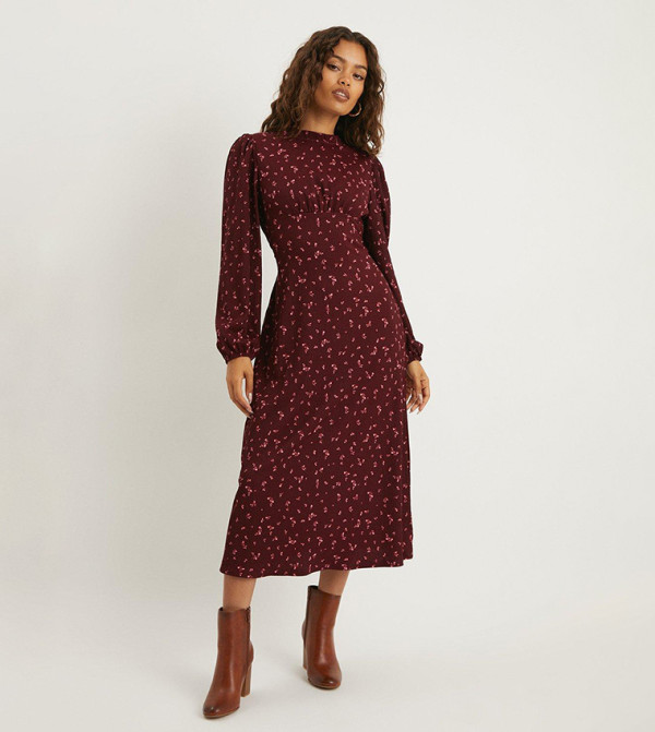 Berry Ditsy Frill Neck Midi Dress