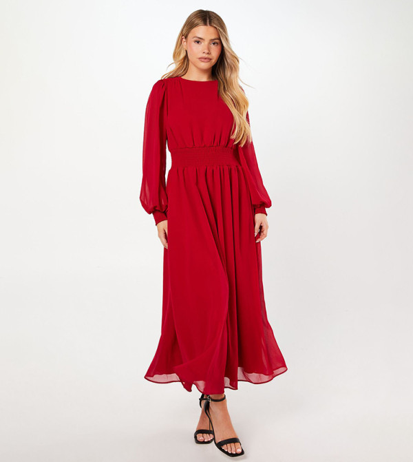 Chiffon Shirred Waist Midi Dress