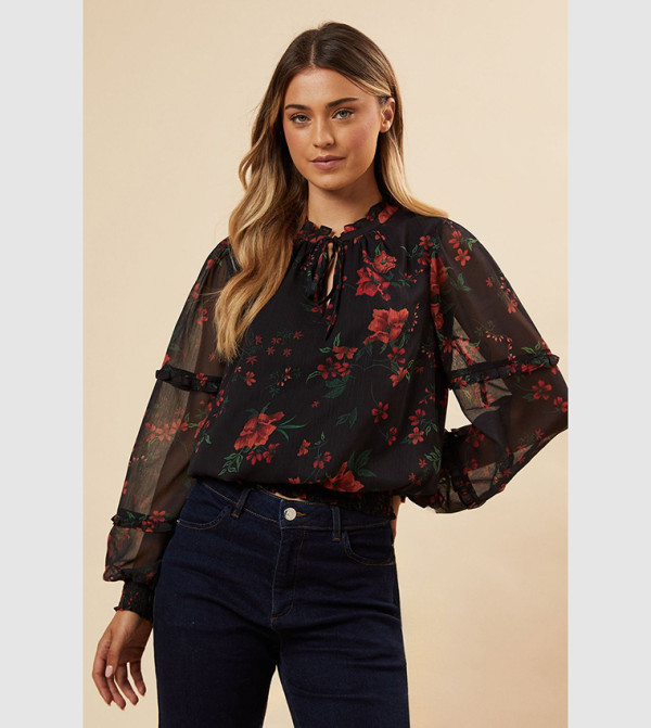 Floral Printed Long Sleeves Shirred Hem Top