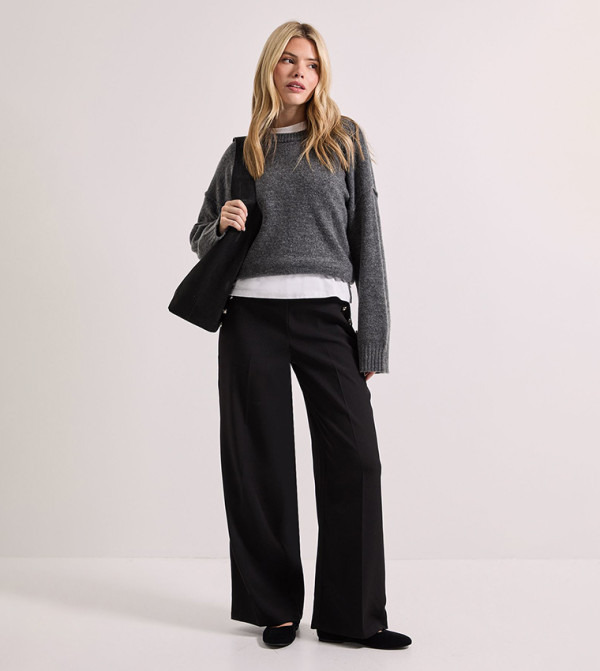 Military Button Detail Wide Leg Trousers