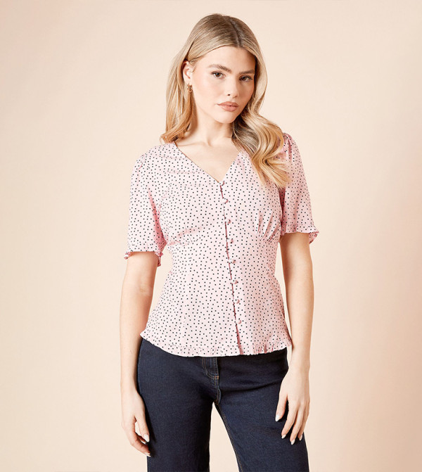 Polka Dots Button Up Frill Detail Top