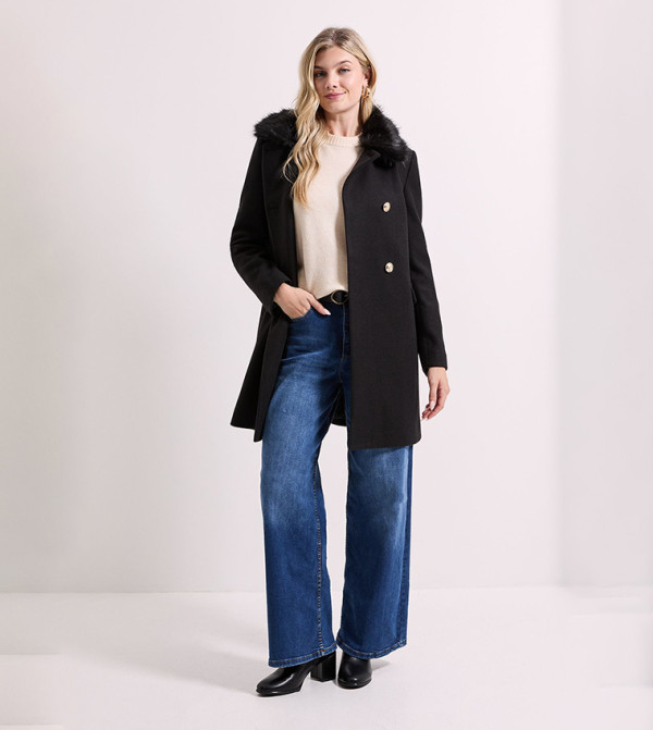 Faux Fur Collar Long Sleeves Dolly Coat
