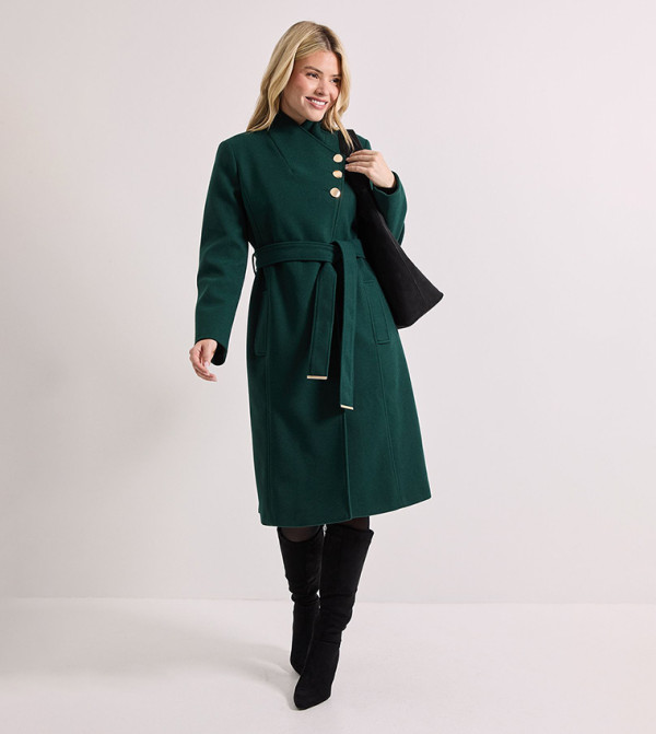 Solid Funnel Neck Belted Coat