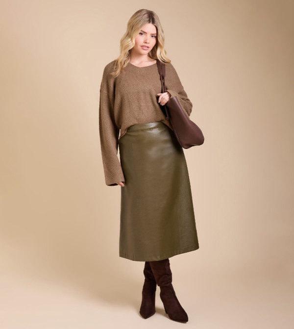 Solid Faux Leather Midi Skirt